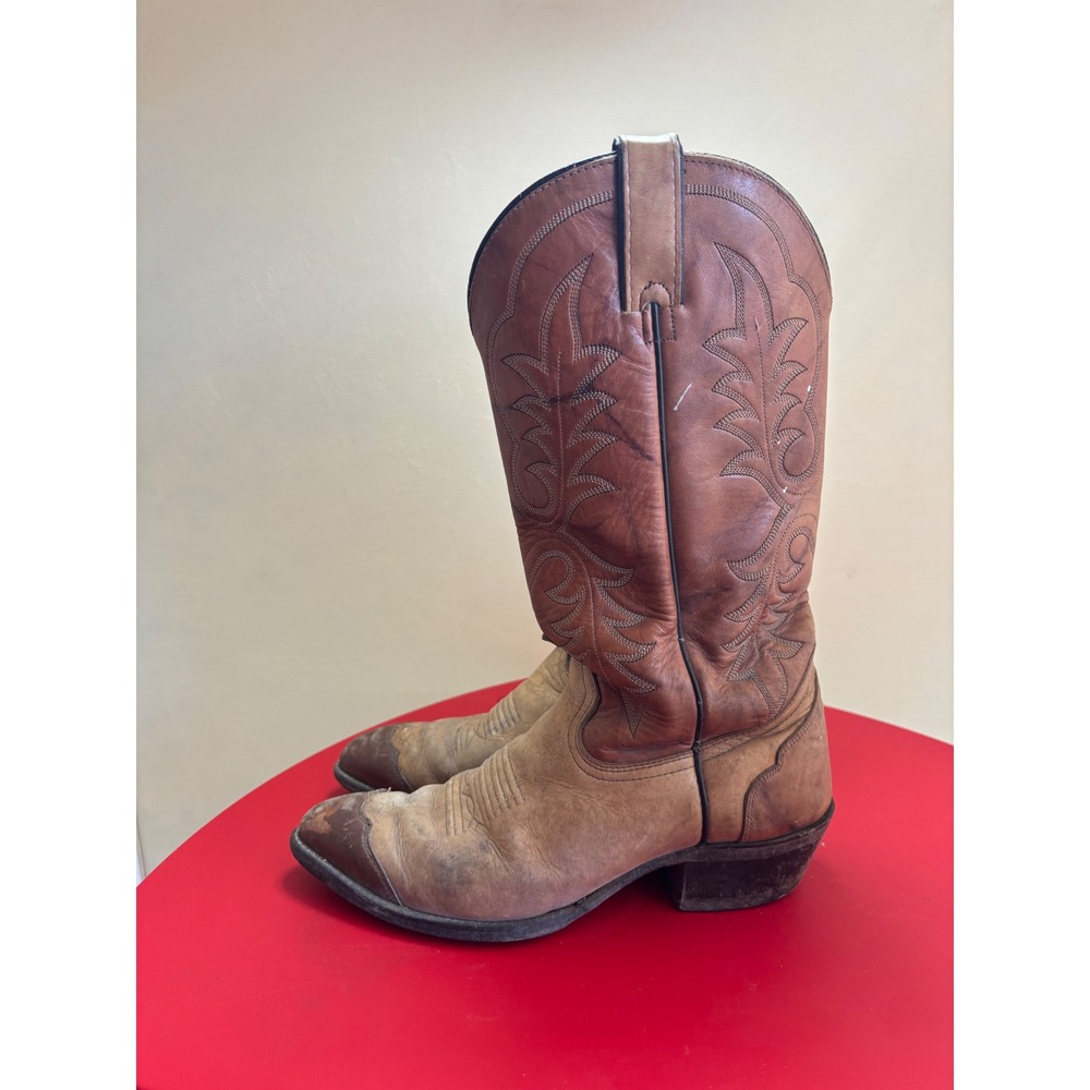 Vintage Tan‎ Brown Leather Western Cowboy Boots Pointed Toe Mens 9.5 D 71629 - Picture 4 of 12